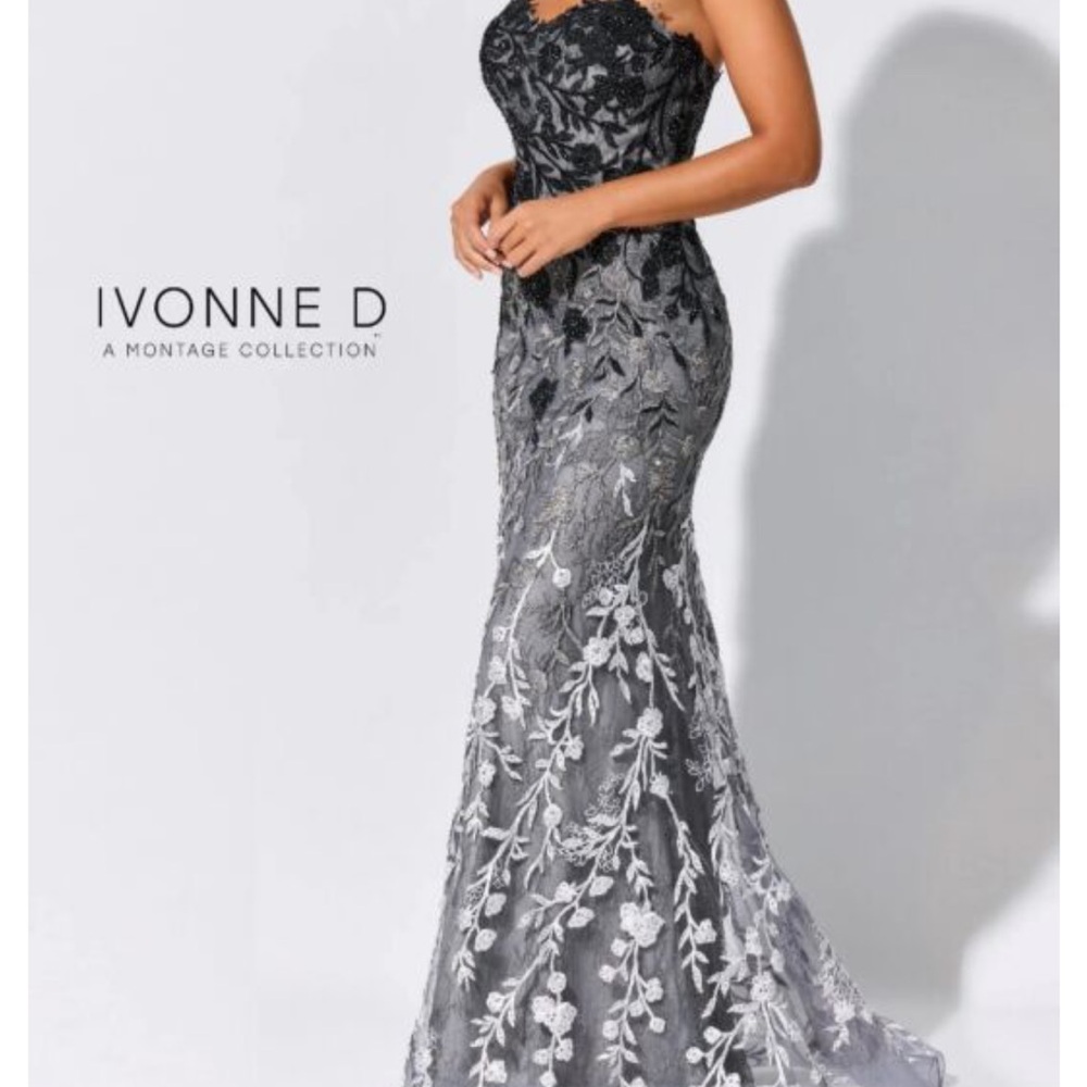 Ivonne D Silver Lace Strapless Maxi Dress
